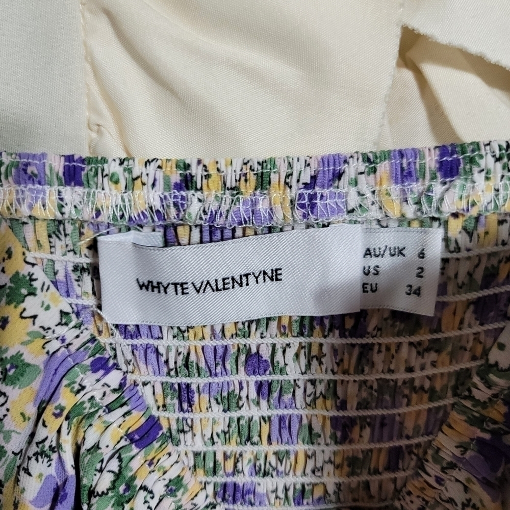 Whyte Valentyne Ditsy Floral Midi Dress Smocked Adjustable Straps Purple Yellow - Picture 4 of 9